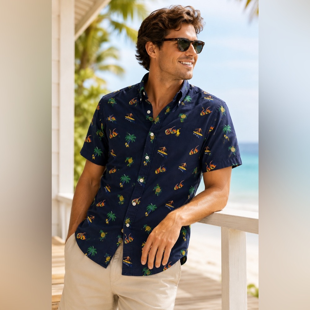 Ralph Lauren Men’s Hawaiian Surfing Pineapple Fish Cotton Shirt Untucked Large